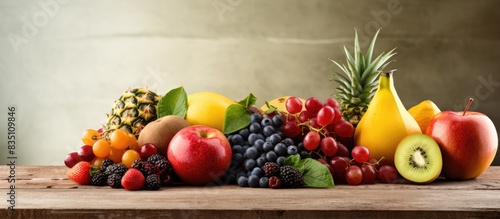 A composition showcasing various fruits displayed on a table with a copy space image.
