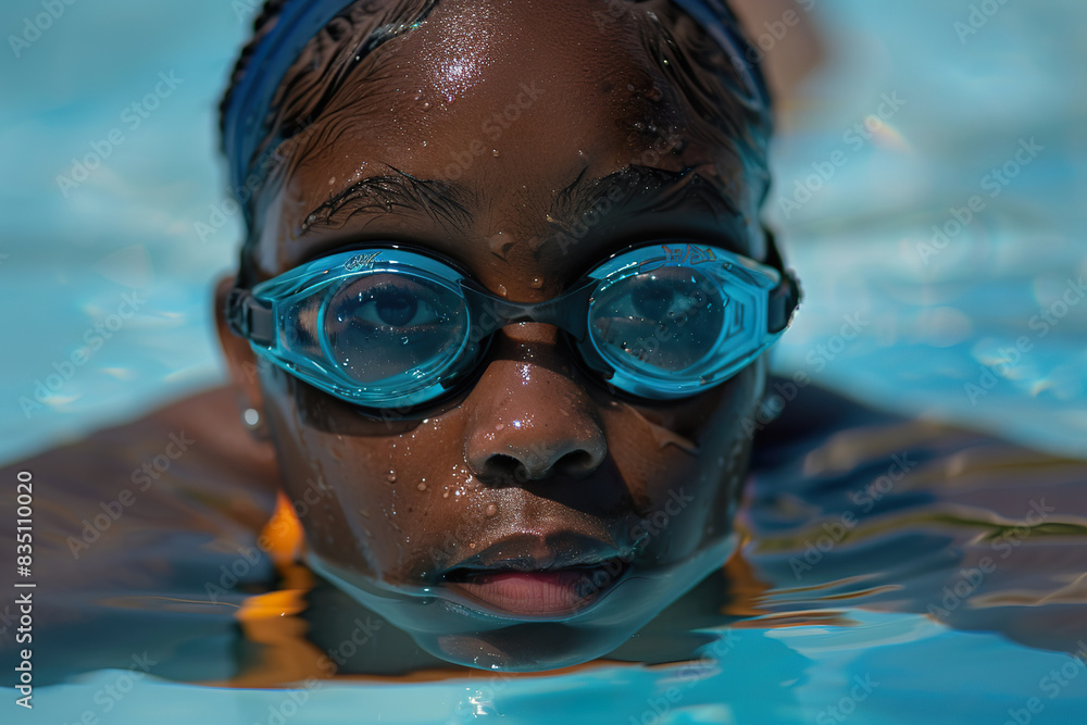 Fototapeta premium young black girl wearing swimming goggles in pool