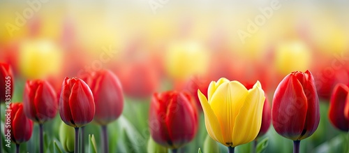 Field of vibrant red and yellow tulips with copy space image.