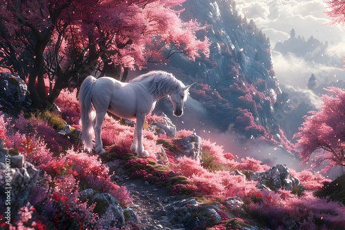 Majestic Unicorn Amidst Enchanting Mystical Landscape with Glowing Blossoms and Serene Forest Path