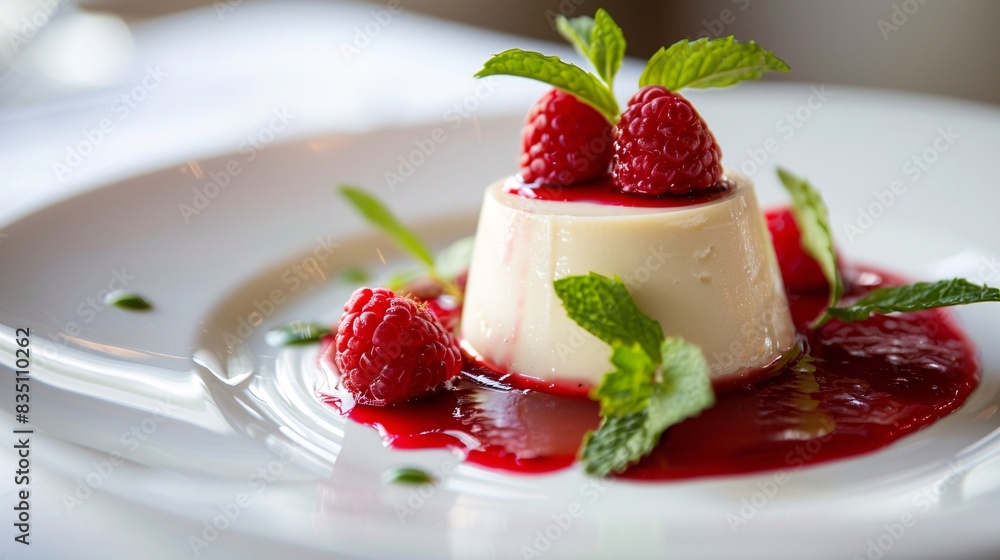 creamy panna cotta dessert, elegantly plated with a raspberry coulis and fresh mint leaves. creamy panna cotta dessert, elegantly plated with a raspberry coulis and fresh mint leaves.