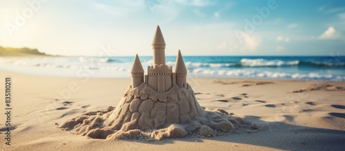 Constructing a sand castle on a sandy beach, taking advantage of the serene atmosphere and vast copy space image for creativity. photo
