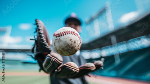 Stunning photo of a baseball player catching a baseball ball with a baseball glove