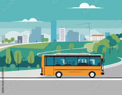 Bus urbain électrique avec passagers sur fond de paysage urbain abstrait 