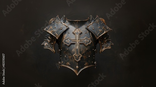 The Holy Knight: Armor of Christ. Medieval armor  with ornate decorations, cross and floral motifs on black background.