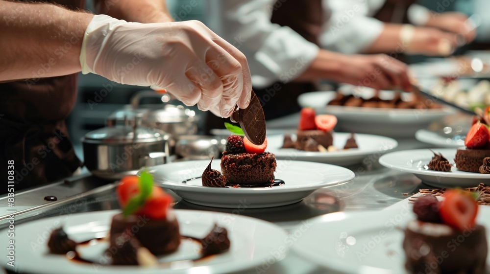 A photo of a chef carefully placing a chocolate garnish on top of a rich mousse dessert, with other plated desserts in the background. A photo of a chef carefully placing a chocolate garnish on top of a rich mousse dessert, with other plated desserts in the background.