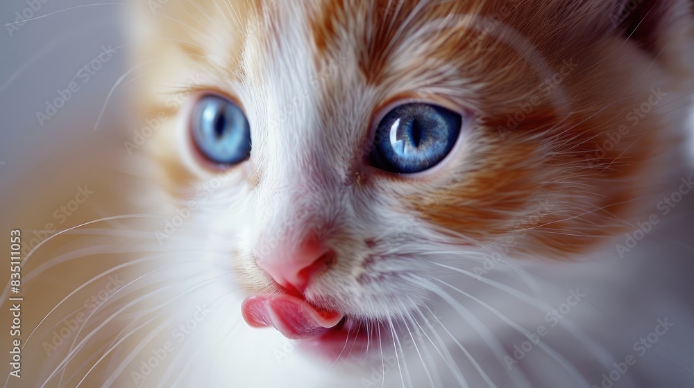 A cute cat is licking its lips Close up of a white and red kitten with stunning blue eyes gazing directly ahead Adorable and hungry cat in a studio photograph Ample room for text included A cute cat is licking its lips Close up of a white and red kitten with stunning blue eyes gazing directly ahead Adorable and hungry cat in a studio photograph Ample room for text included
