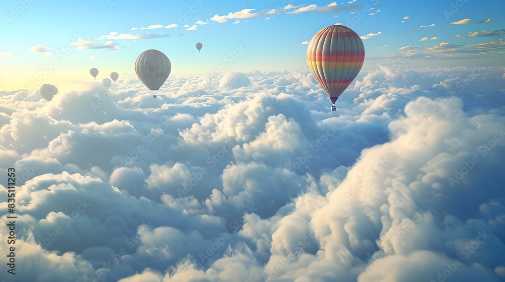 Ethereal Hot Air Balloons Floating Above Puffy Clouds in Dreamy Sky Landscape Ethereal Hot Air Balloons Floating Above Puffy Clouds in Dreamy Sky Landscape