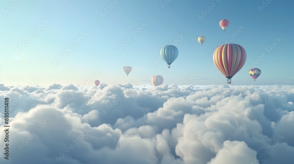 Fototapeta premium Ethereal Hot Air Balloons Drifting Through Fluffy Clouds in the Azure Sky