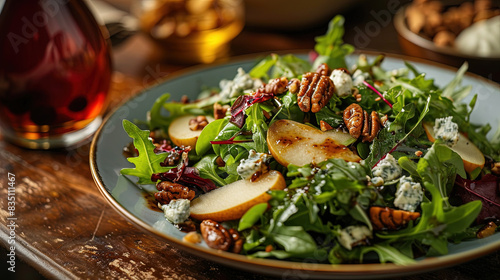 Delicious Pear and Gorgonzola Salad On Blurry Background