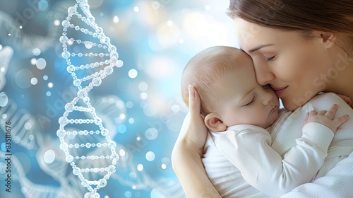 A mother hugs her newborn, next to an infographic image of a DNA chain. photo