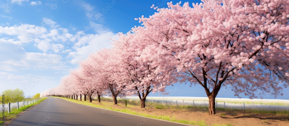 Fototapeta premium A scenic view of a road lined with blooming spring trees under a clear blue sky, ideal for a copy space image.