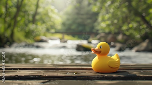 Rubber yellow duck on wooden surface against a nature backdrop photo