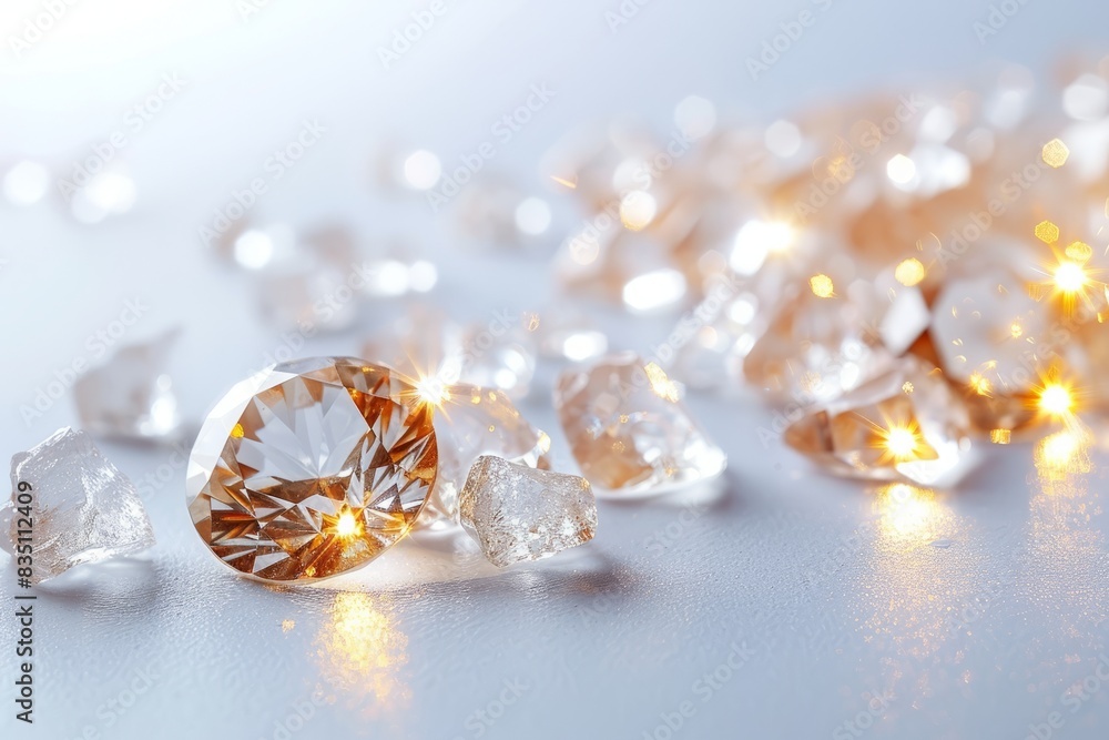 Close-up photo of sparkling diamonds and gemstones on a reflective surface with a soft background. High-quality jewelry and luxury concept. Close-up photo of sparkling diamonds and gemstones on a reflective surface with a soft background. High-quality jewelry and luxury concept.