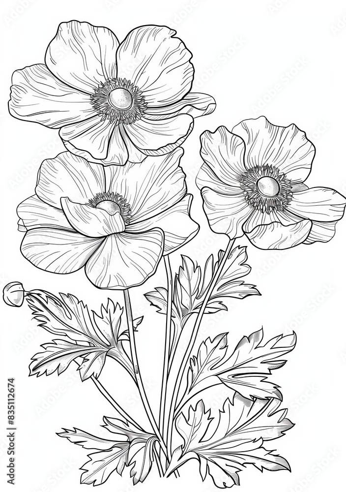 custom made wallpaper toronto digitalThis printable coloring page features a detailed line drawing of three anemone flowers with stems and leaves. The flowers are large and easy to color, making it perfect for younger children.