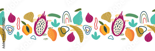 Summer fruit seamless border. Pitaya, banana, mango, fig, peach, pear and abstract elements. Isolated vector illustration for your design.