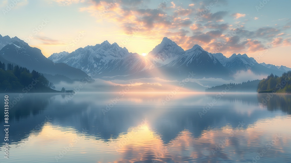 Fototapeta premium The sky gradually brightened, presenting a faint pink and gold hue. The tranquil lake reflects the shadows of the mountains