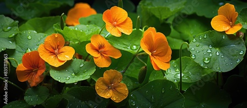 Fototapeta Naklejka Na Ścianę i Meble -  Summer garden with Nasturtium orange flowers and wet green leaves, providing an appealing copy space image.