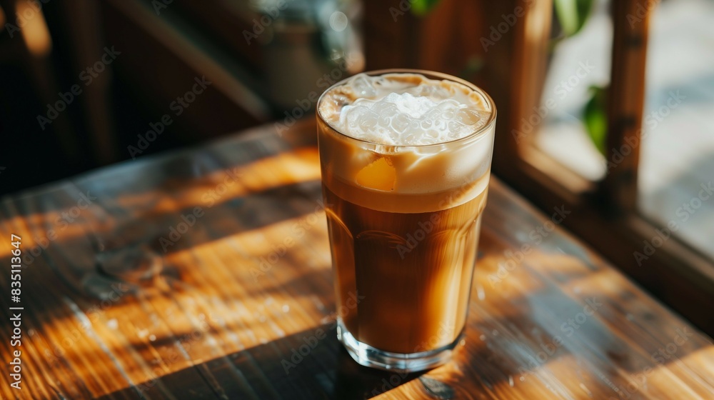 Glass of cold coffee with ice and cream,on old wooden table inside cafe, summer drink theme. Glass of cold coffee with ice and cream,on old wooden table inside cafe, summer drink theme.