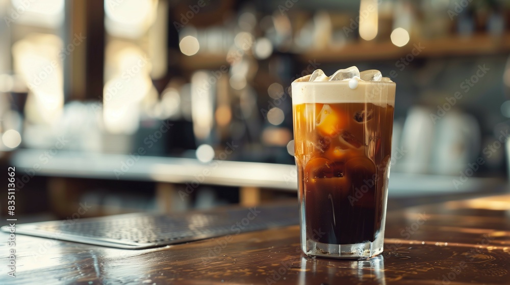 Glass of cold coffee with ice and cream,on old wooden table inside cafe, summer drink theme. Glass of cold coffee with ice and cream,on old wooden table inside cafe, summer drink theme.