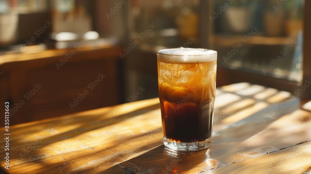 Glass of cold coffee with ice and cream,on old wooden table inside cafe, summer drink theme. Glass of cold coffee with ice and cream,on old wooden table inside cafe, summer drink theme.