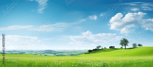 Spring landscape with green farmland  blossoming flowers  and a clear sky providing an ideal backdrop for a copy space image.