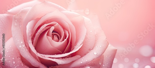 Fototapeta Naklejka Na Ścianę i Meble -  Pink rose flower with raindrops on a pink rose background, creating a natural and serene copy space image.