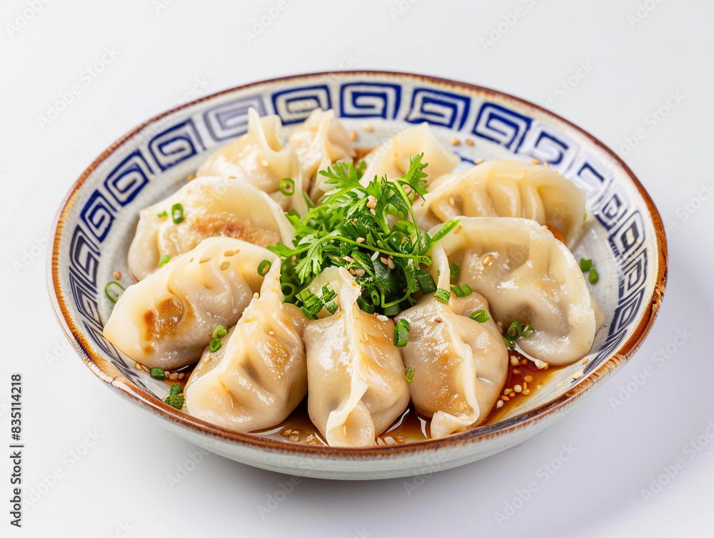 A plate of dumplings sits on a white background.