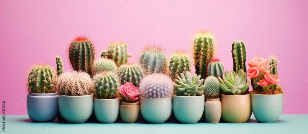 A flowerpot filled with numerous cacti, creating a charming display with copy space image. A flowerpot filled with numerous cacti, creating a charming display with copy space image.