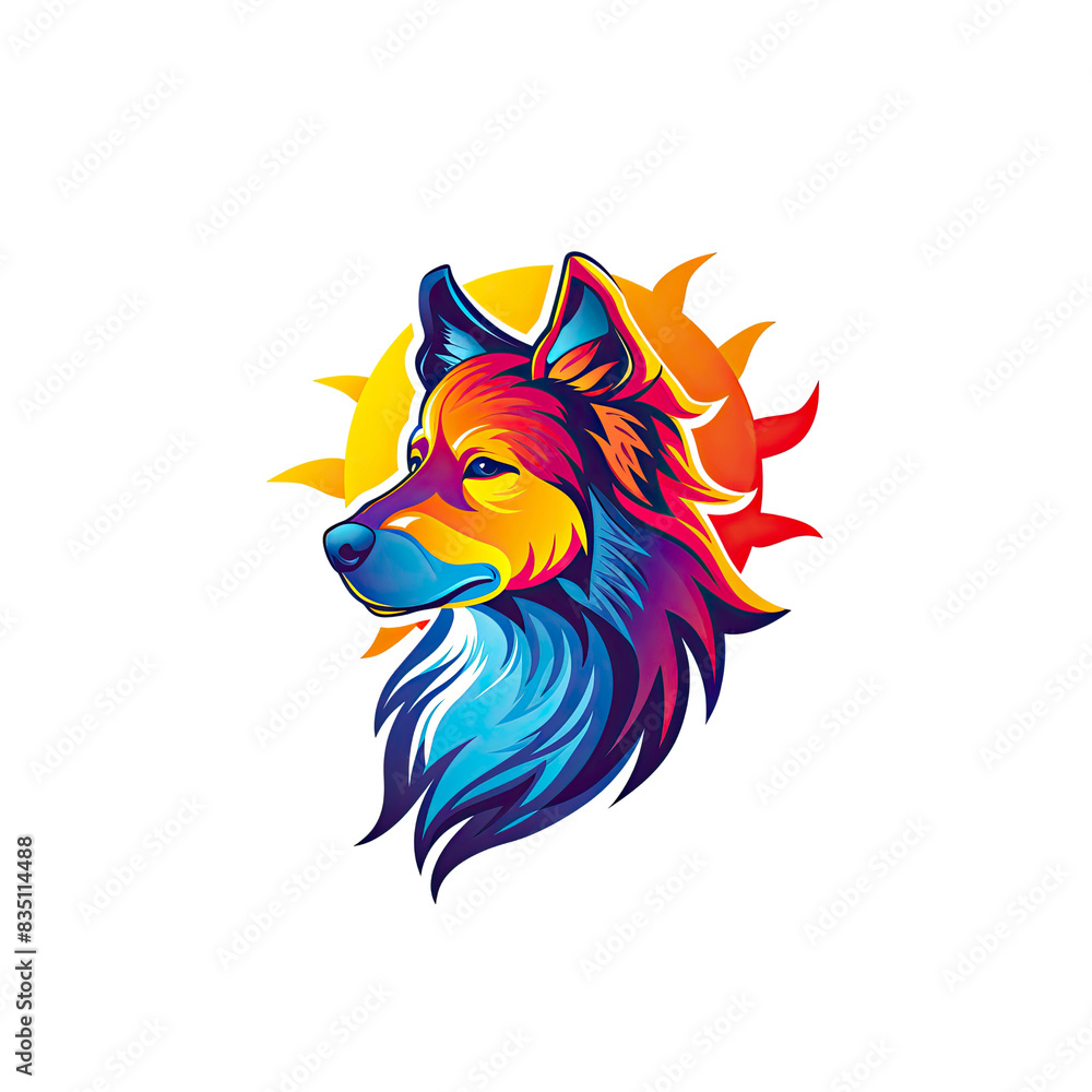 Naklejka premium Dog head with sun background