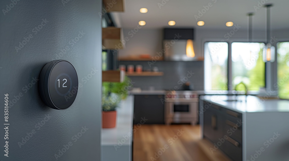 Smart thermostat against blurred modern home Interior Smart thermostat against blurred modern home Interior