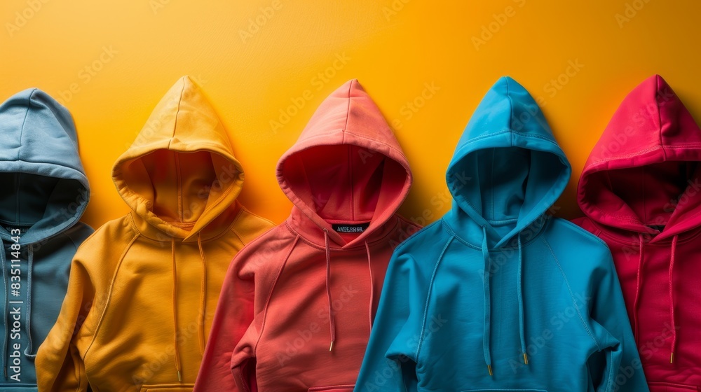 Several hoodies spread on colorful background Several hoodies spread on colorful background