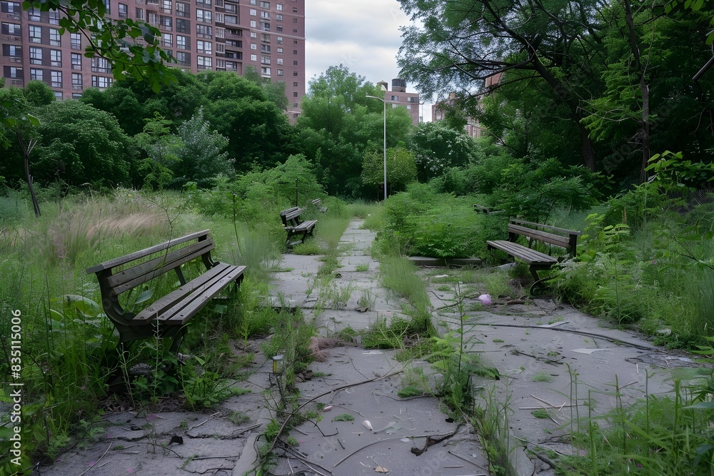Fototapeta premium Forgotten Urban Park Reclaimed by Nature Abandoned Benches and Pathways Overtaken by Lush Foliage