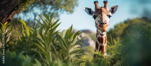 A giraffe peacefully grazin...