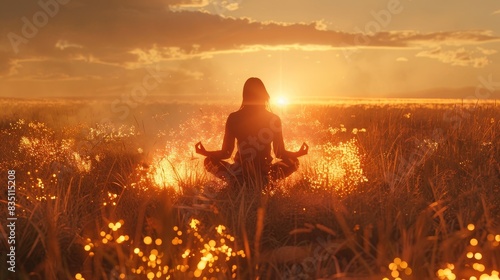 A person meditating in a field, surrounded by a glowing, protective aura, symbolizing spiritual protection. photo