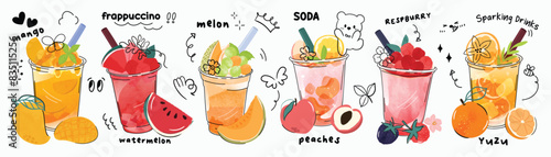 Fresh smoothies and sparkling drinks design with cute doodle decoration. Fruit refreshment and soft drinks in glasses. Vector illustration blended smoothie for logo, ads, promotion, marketing, banner.