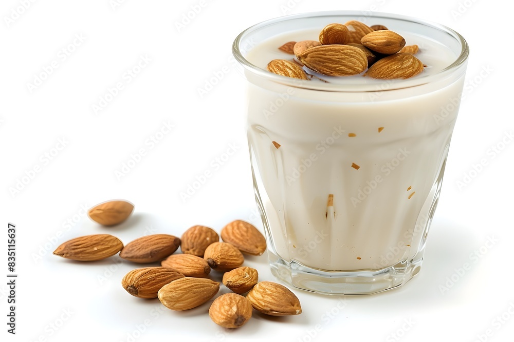 Photo of Glass of Almond Milk with Almonds on White Background Photo of Glass of Almond Milk with Almonds on White Background