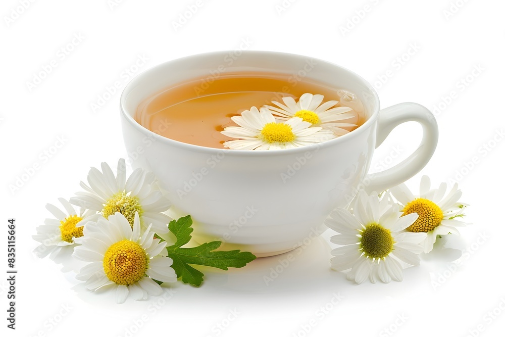 Photo of Chamomile Tea with Flowers in a Transparent Cup on White Background Photo of Chamomile Tea with Flowers in a Transparent Cup on White Background