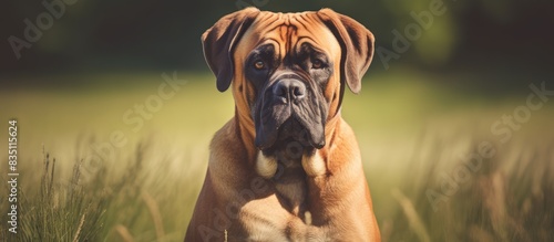 Close-up shot of a Bullmastiff dog breed against a backdrop of green grass, with a spacious area for text placement in the image. with copy space image. Place for adding text or design