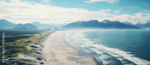 An aerial perspective showcasing a beach in Patagonia, with a generous amount of copy space image.