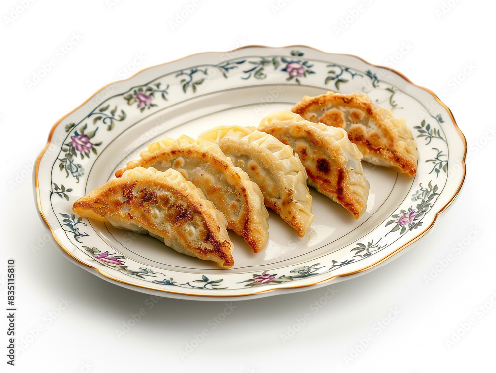 A plate of dumplings sits on a white background. A plate of dumplings sits on a white background.