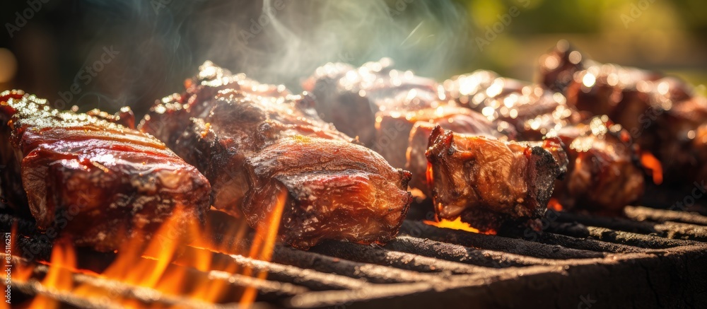 It was delightful enjoying tasty grilled pork ribs at the BBQ picnic with a copy space image. It was delightful enjoying tasty grilled pork ribs at the BBQ picnic with a copy space image.