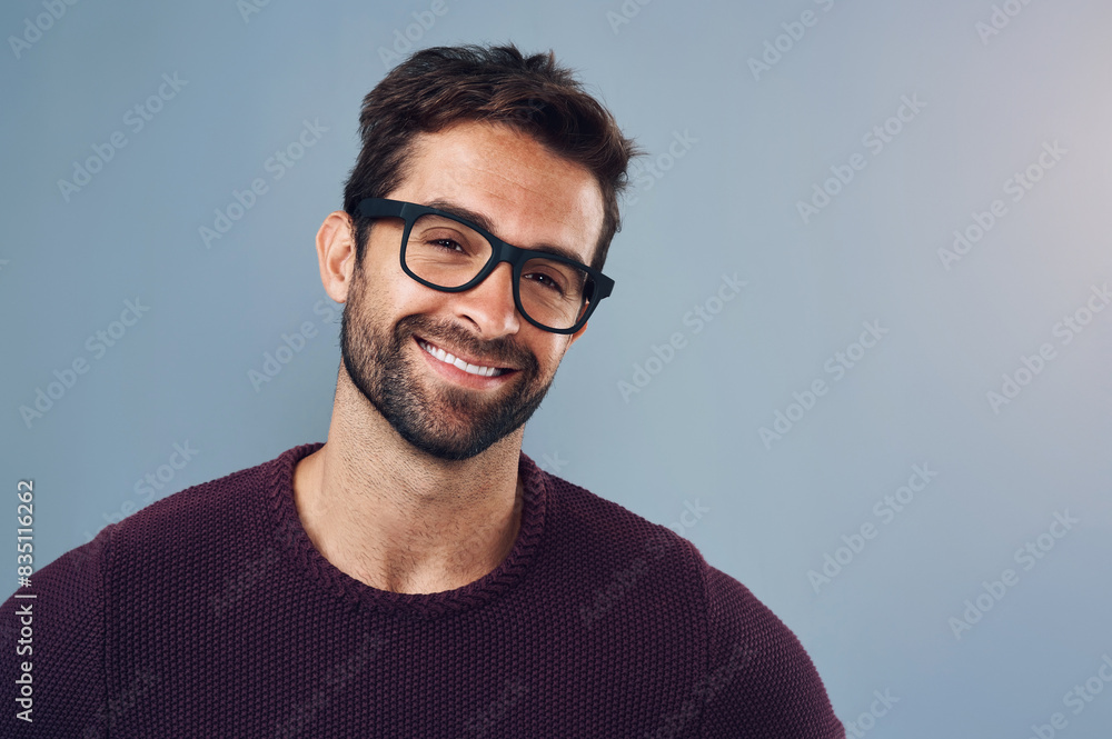 Portrait, happy and man on studio background for startup business with smart and intelligent face. Creative worker, entrepreneur or IT expert in glasses for eye care, vision or confidence in tech job Portrait, happy and man on studio background for startup business with smart and intelligent face. Creative worker, entrepreneur or IT expert in glasses for eye care, vision or confidence in tech job