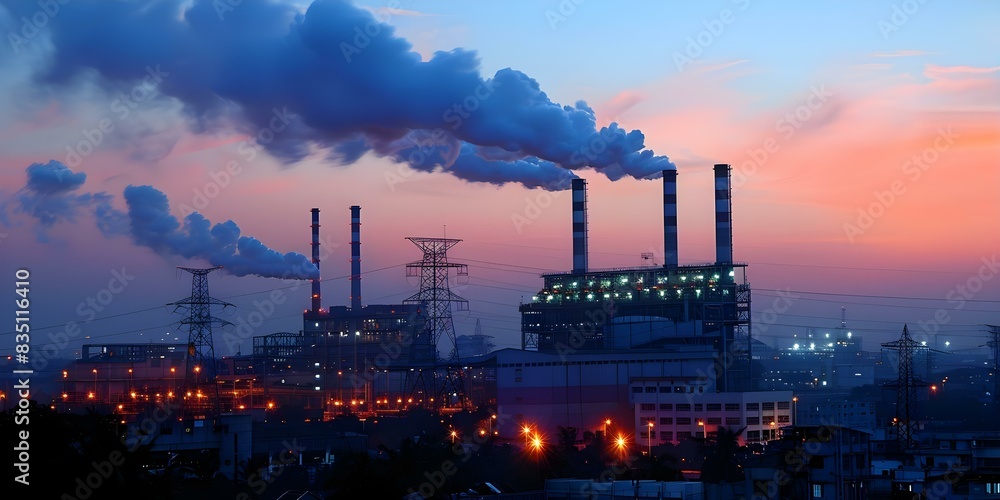 Chimney emissions from industrial power plants contribute to urban pollution and warming. Concept Industrial pollution, Urban environment, Global warming, Climate change, Air quality