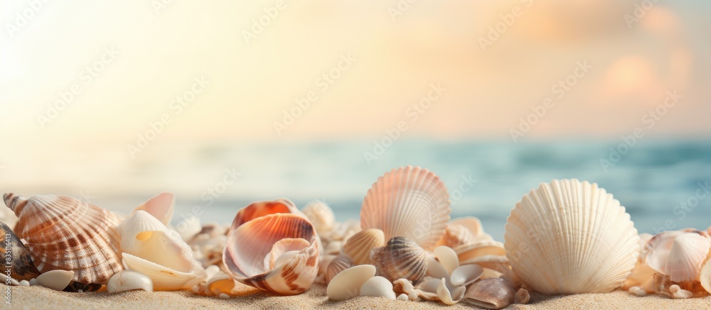 Seashells form a picturesque display on the damp sandy beach with copy space image. Seashells form a picturesque display on the damp sandy beach with copy space image.