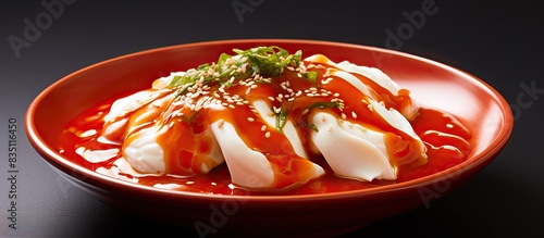 A plastic bowl containing poached eggs served with red sauce and enoki mushrooms against a plain background with copy space image. photo