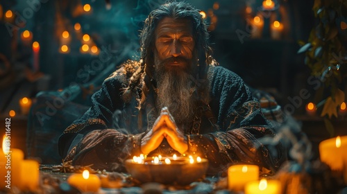 A spiritualist conducting a ritual, surrounded by candles and incense, creating a mystical and enchanting ambiance.