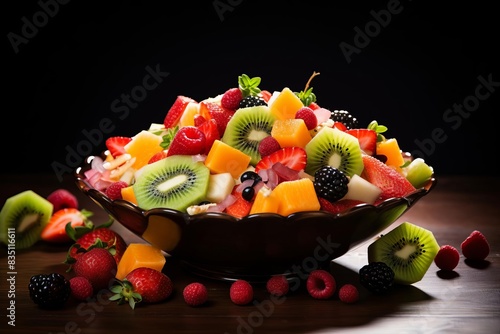 A detailed fruit salad with a variety of fresh fruits, photo