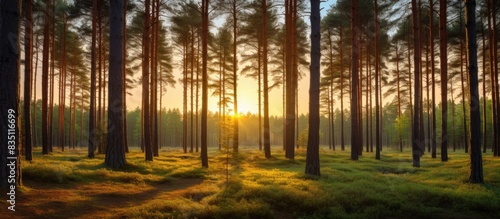 Pine forest at sunset or da...