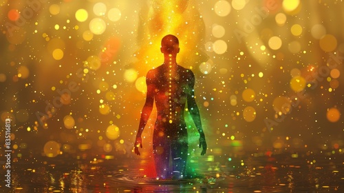 A visual representation of the chakras as interconnected, glowing spheres of light, aligned vertically along the body's central axis. photo